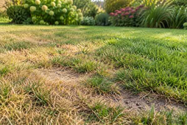 Césped dañado tras el verano Césped con zonas secas y amarillentas tras el verano